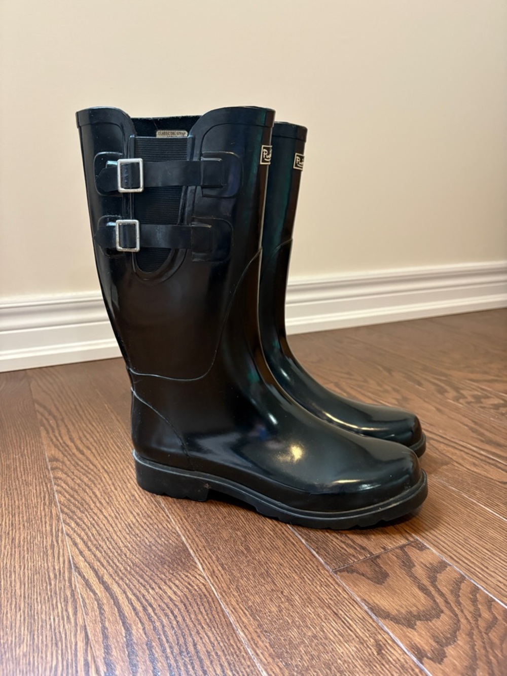 Puddletons Classic Double Strap Rain Boots Black Gloss US 8